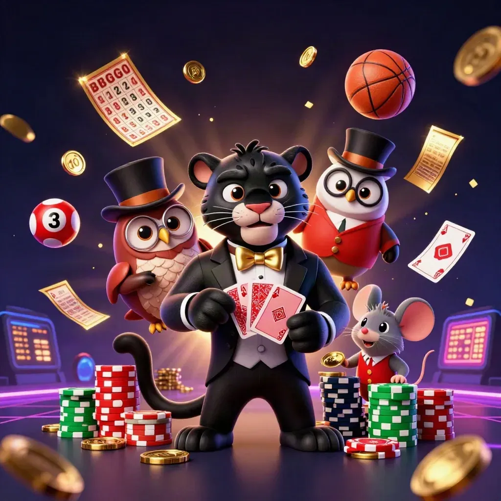 Low-angle casino heroes with flying cards, chips, lottery balls, and neon sports props.