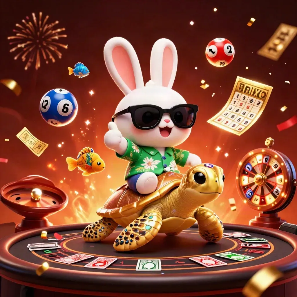 Lucky rabbit on golden turtle amid casino wheels, fireworks, and glowing confetti.