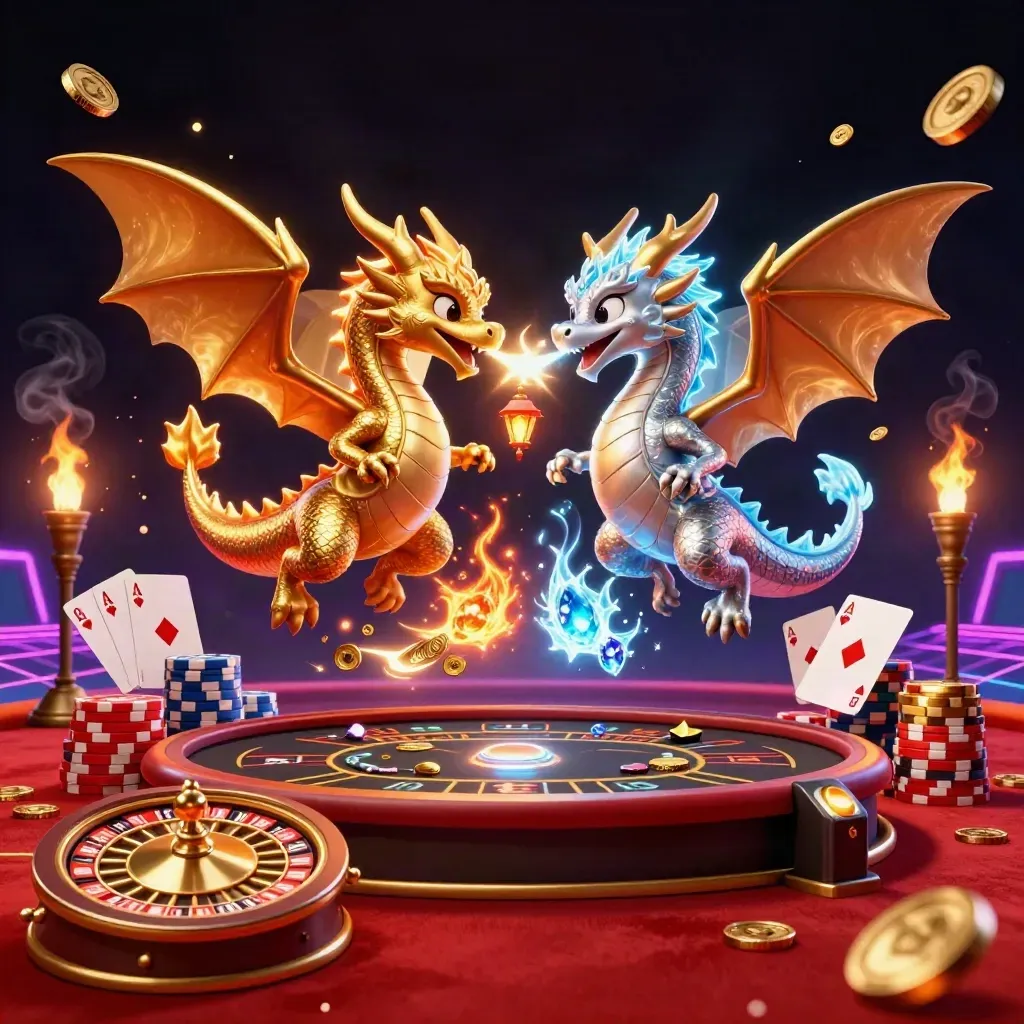Twin gold and silver dragons clash amid coins, gems, roulette glow, and neon casino luxury.
