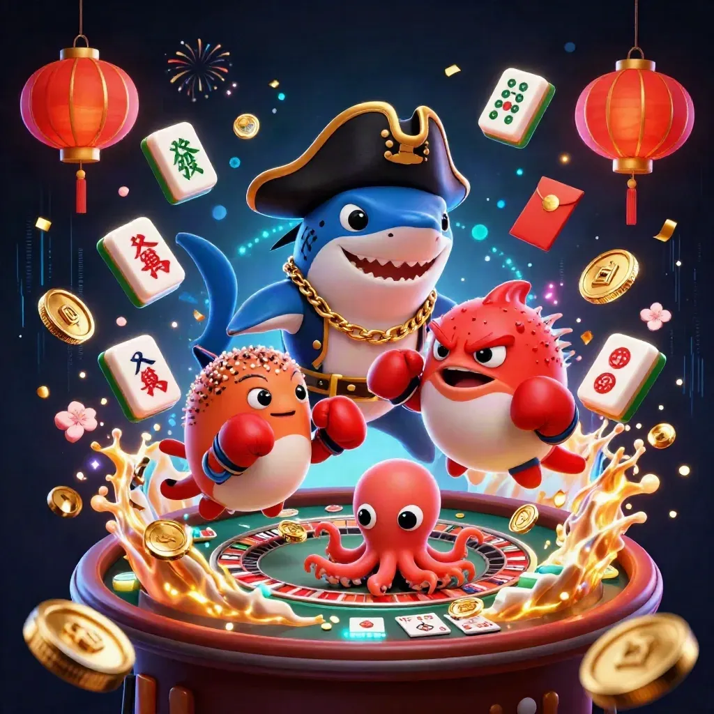 Cartoon shark pirate, boxing pufferfish, and juggling baby octopus in a glowing casino scene.