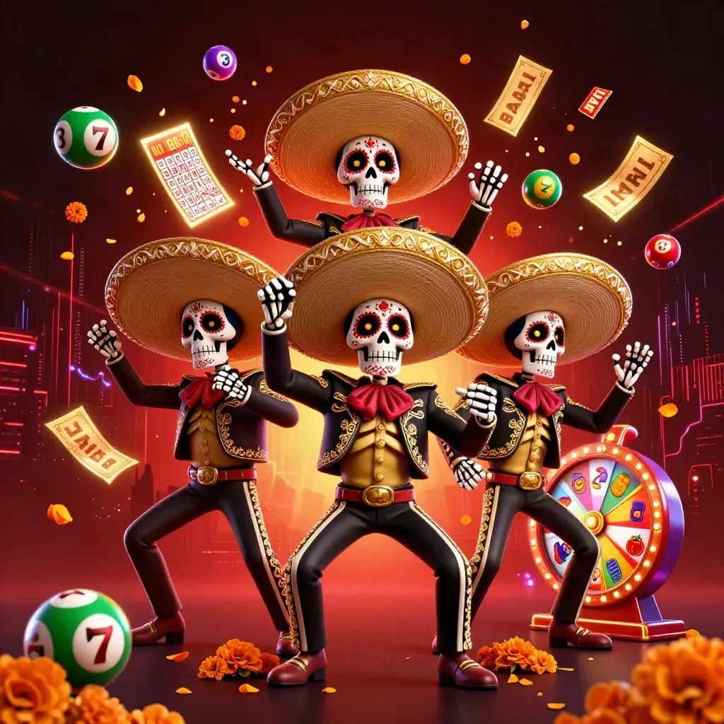 Three festive skeleton mariachi heroes amid casino lights, lottery balls, and neon energy