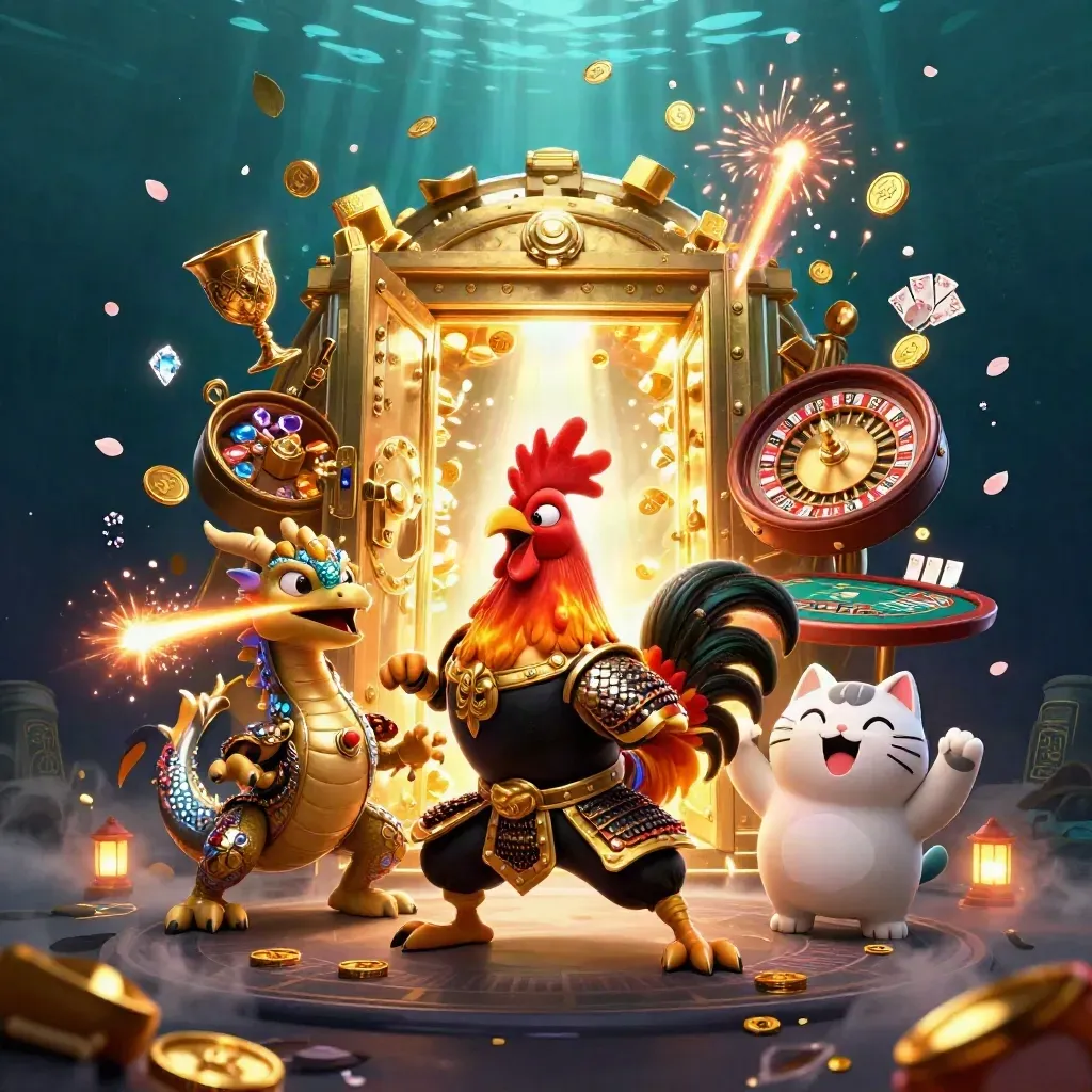 Rooster warrior, dragon hatchling and fortune-cat amid vault explosion, gold and casino lights.