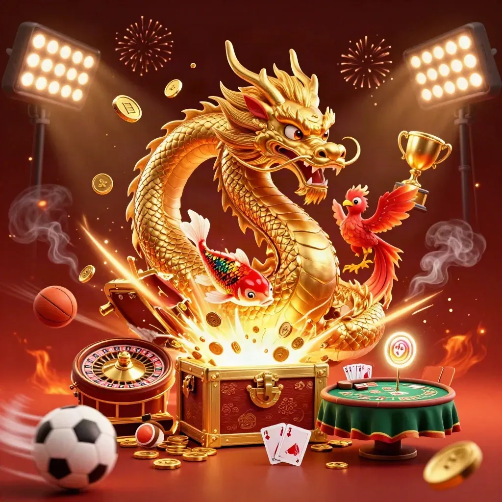 Golden dragon with phoenix and koi amid coins, vault burst, roulette wheel, fireworks
