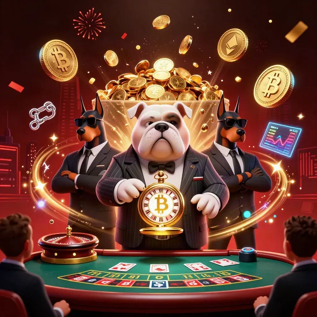 Bulldog boss and Doberman guards amid casino coins, neon crypto effects, roulette, and fireworks.
