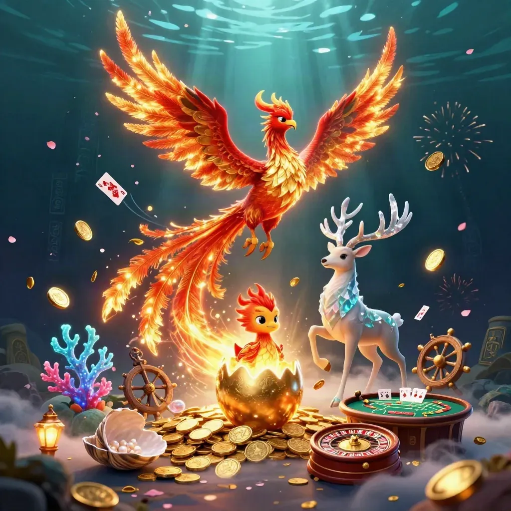 Phoenixes and a crystalline stag amid gold coins, cards, coral, and casino relics underwater.