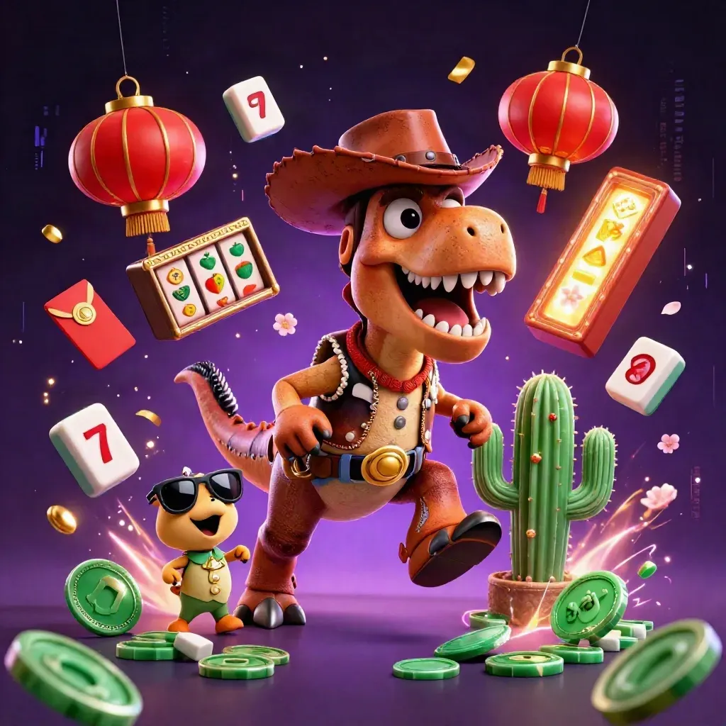 Cowboy T-Rex, cactus sidekick, and roadrunner in a neon casino blast of gold coins and reels.