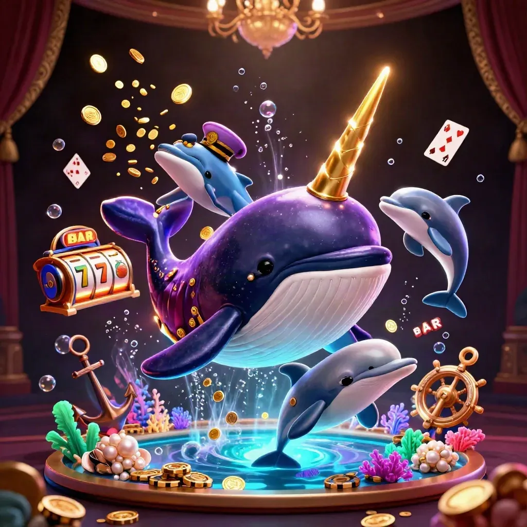 Whale captain, narwhal, and dolphins in a coin-filled underwater casino key art scene